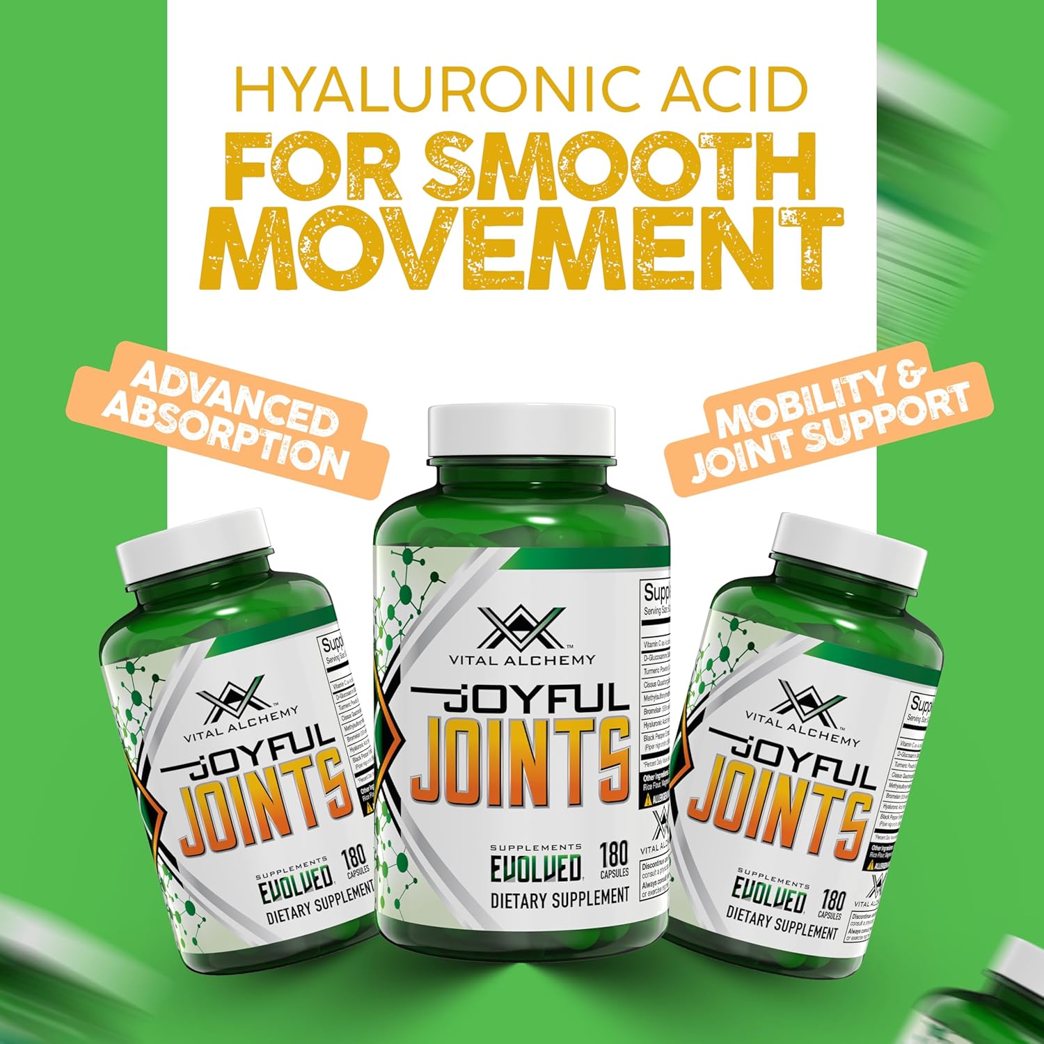 Vital Alchemy Joyful Joints Support Supplement for Women & Men with MSM, Glucosamine Sulfate 1500 mg,Turmeric Supplement with Hyaluronic Acid, Bromelain, Bioperine, 180 Cap, 60 Day Supply - USA Made