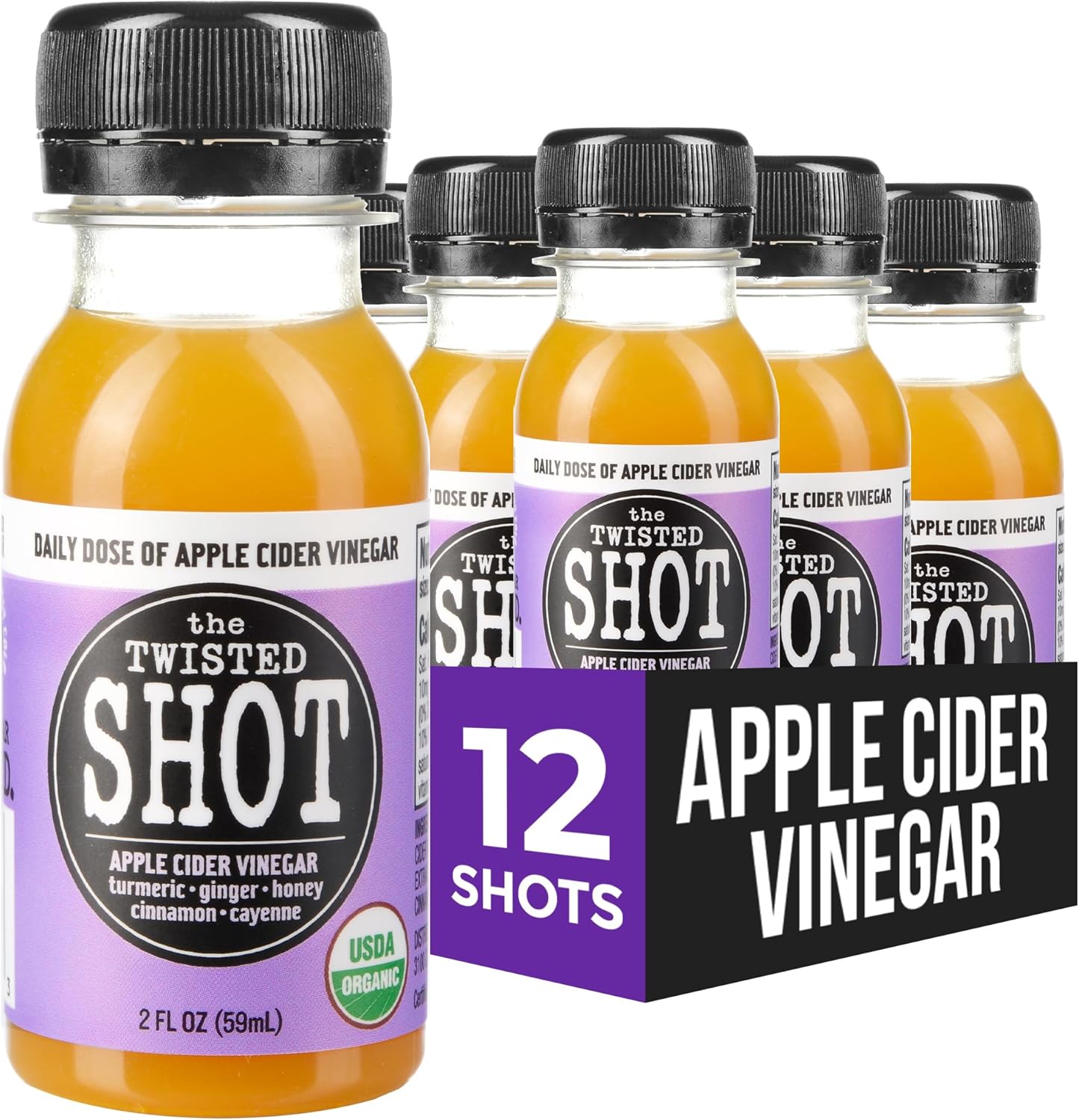 The Twisted Shot | Organic Apple Cider Vinegar Wellness Shots with Ginger, Turmeric, Honey, Cinnamon and Cayenne | Digestion, Immunity and Gut Health Support | Ready to Drink | 12, 2 oz Mini Bottles