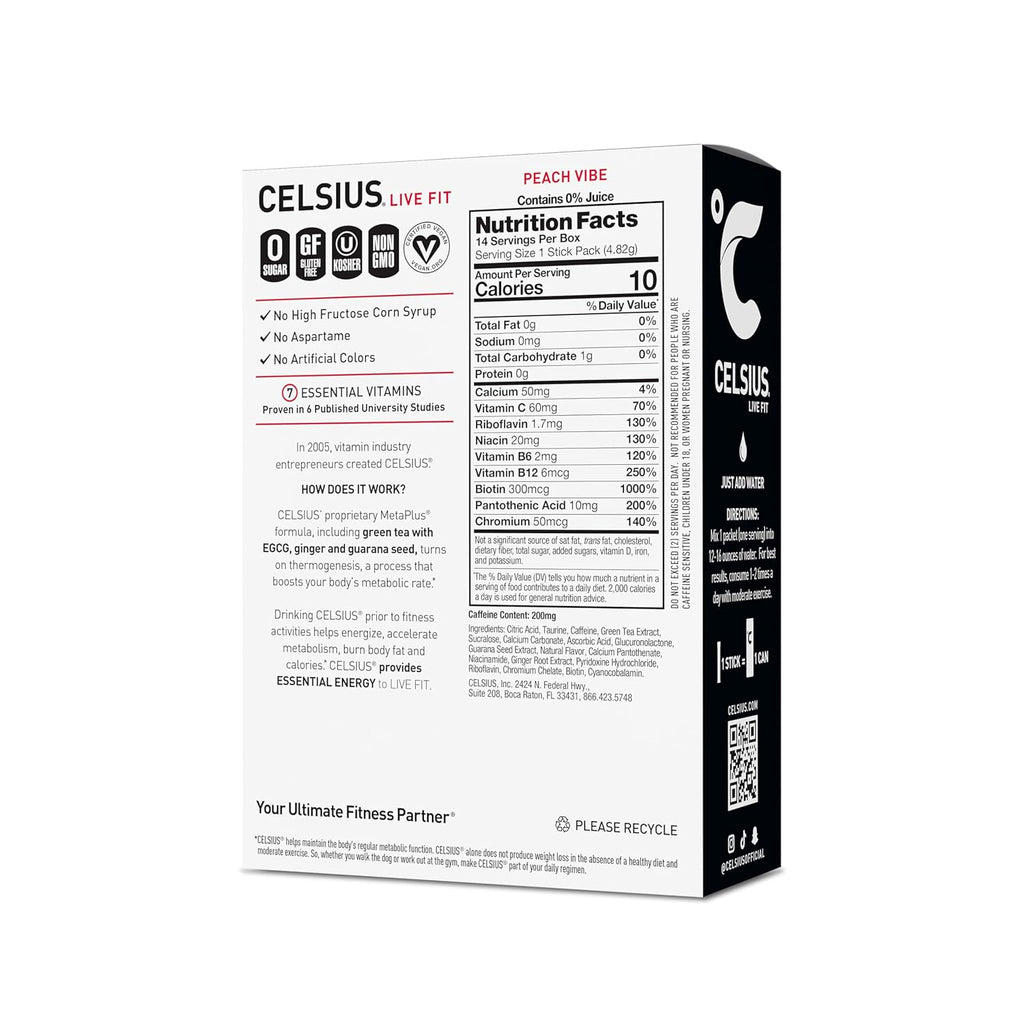 CELSIUS On The Go PEACH VIBE, Sugar Free Energy Drink Mix (14 Sticks per Pack)