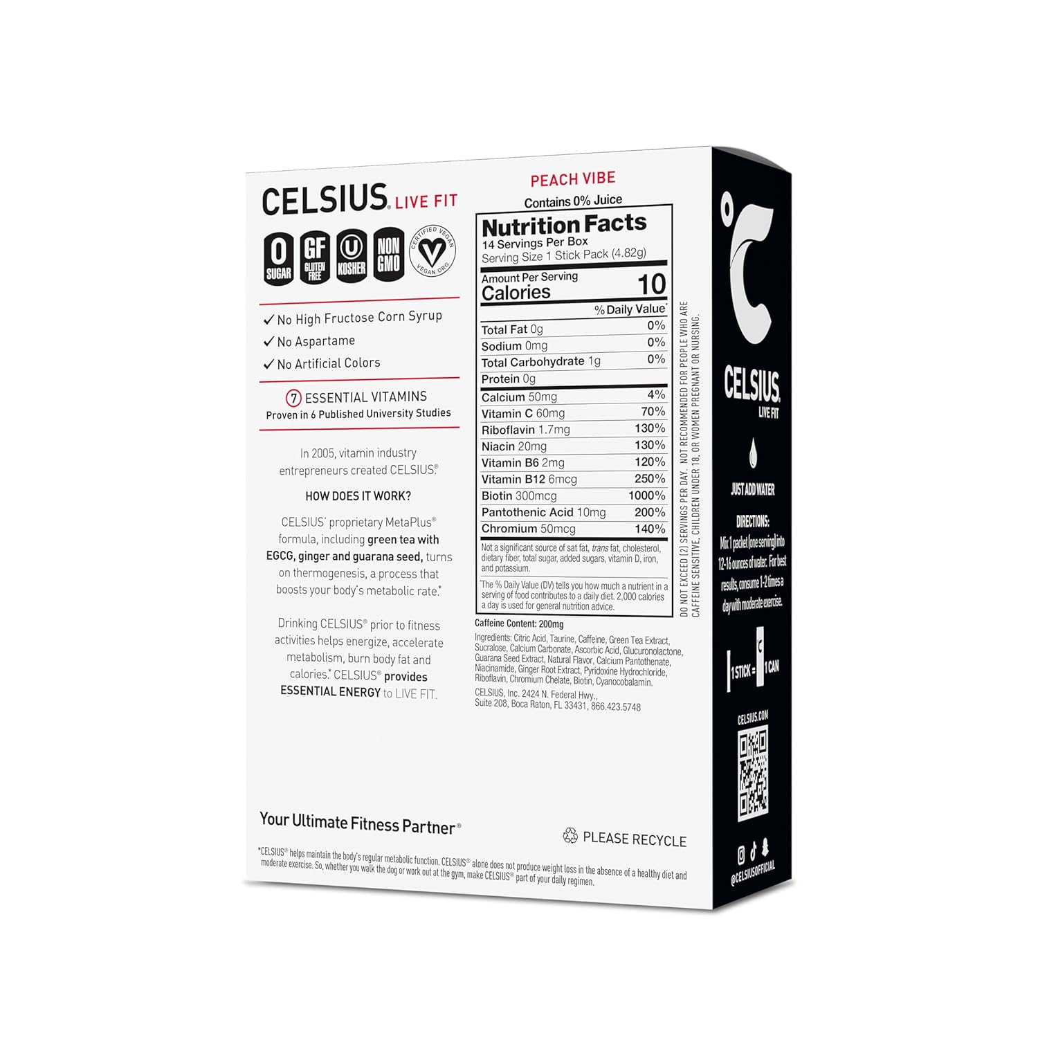 CELSIUS On The Go PEACH VIBE, Sugar Free Energy Drink Mix (14 Sticks per Pack)