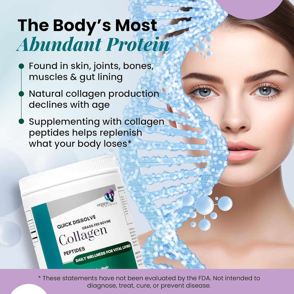 Organic Excellence Collagen Peptides, Grass-Fed Bovine Unflavored Collagen Powder Type I & III Hydrolyzed Collagen, Support Skin, Joints, Gut, Hair, Nails, Non-GMO, 12g Protein/Serving, 16 oz (453g)