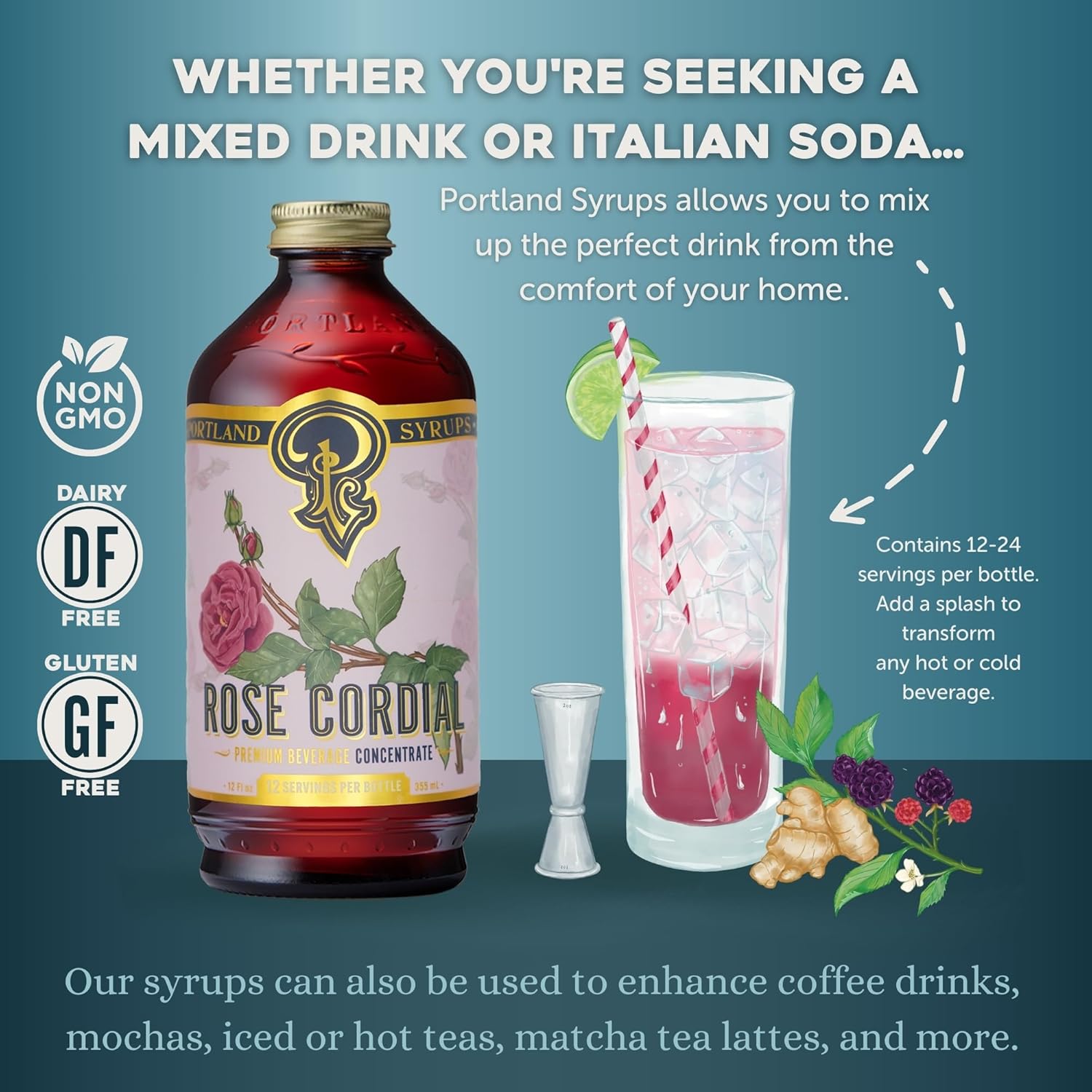 Portland Syrups Rose Cordial Syrup - Craft Exquisite Floral beverages for Cocktails, Mocktails, Soda, and More - 12 oz with 24 Servings (Pack of 1)