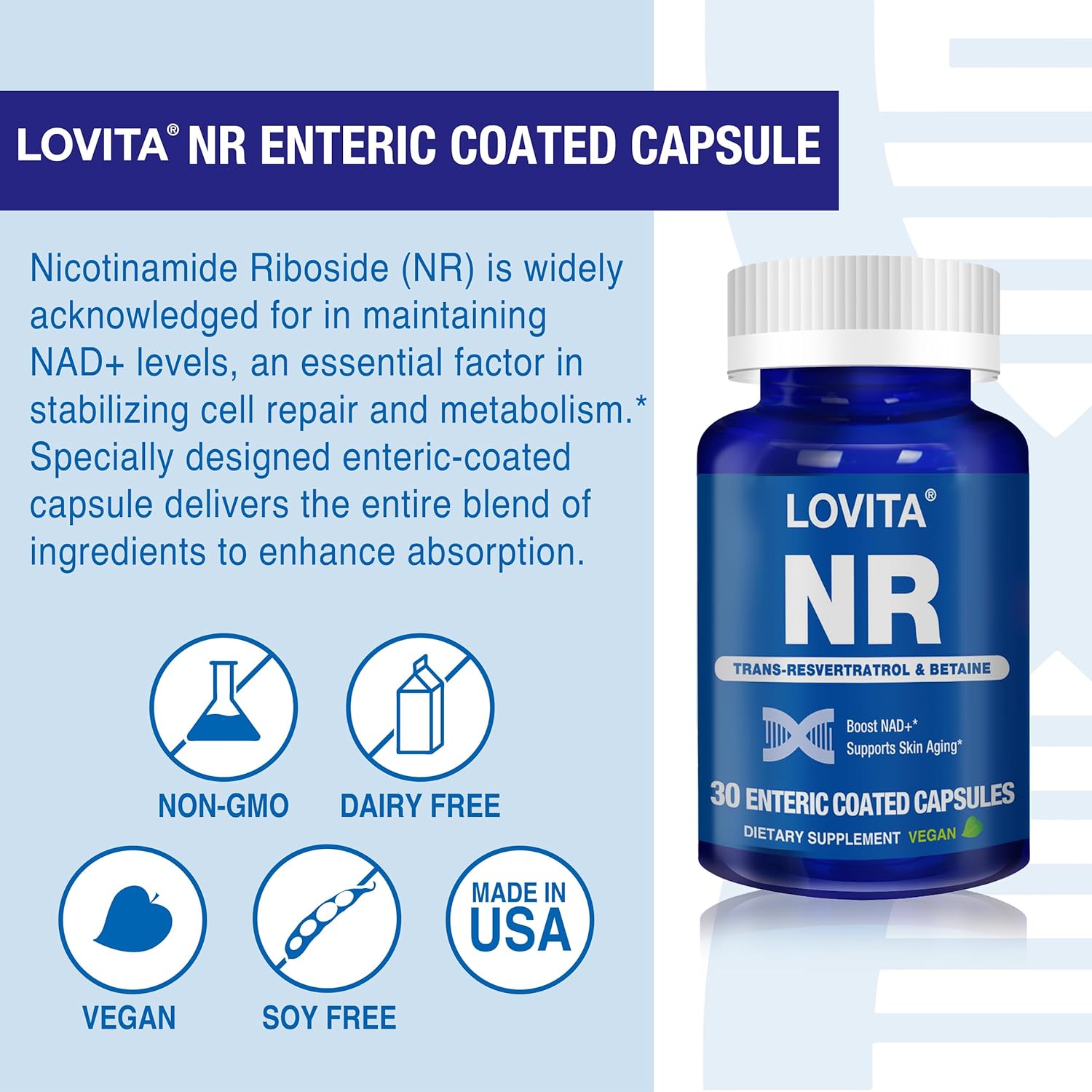 Lovita NR (Nicotinamide Riboside) 350 mg, NAD Supplement with Trans-Resveratrol and Betaine, Promote NAD Plus Levels, Healthy Aging, 30 Vegan Enteric-Coated Capsules