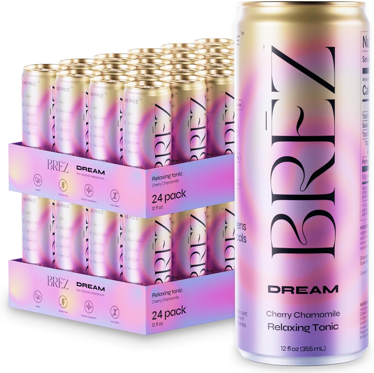BRĒZ Dream Reishi Mushroom Drink, Non-Infused Relaxing Tonic with Reishi, Chamomile, Tart Cherry, Magnesium & L-Theanine, Vegan Adaptogen Drink for Sleep, Calm & Mood, 12 fl oz - 48 Pack