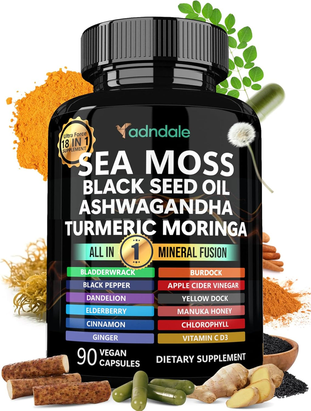 Adndale Sea Moss Black Seed Oil Ashwagandha Ginger Capsules. Sea Moss Capsules with Black Seed Oil, Ashwagandha, Turmeric, Moringa, Bladderwrack, Burdock Root, Manuka Honey, Cinnamon