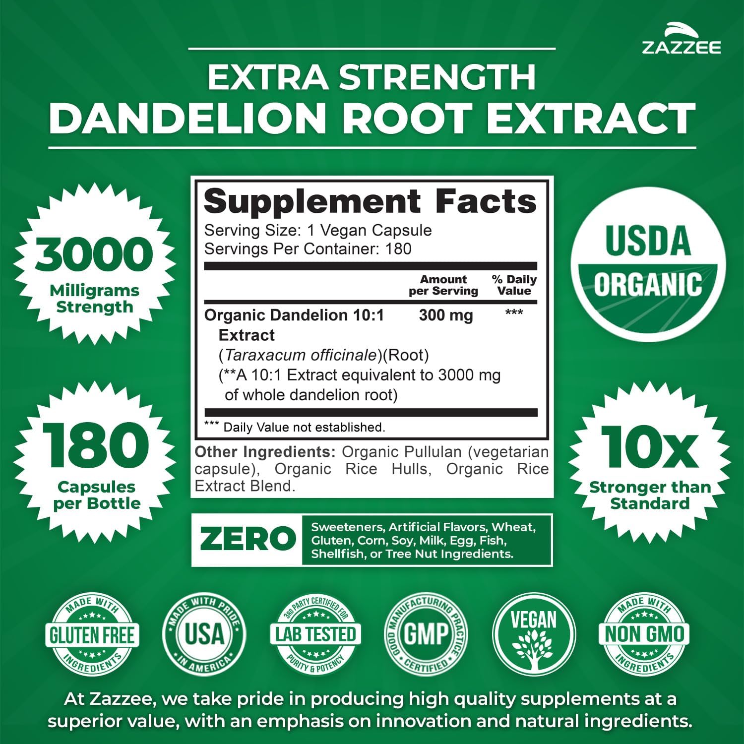 Zazzee USDA Organic Dandelion Root 10:1 Extract, 3000 mg Strength, 180 Capsules, 6 Month Supply, Standardized and Concentrated 10X Extract, 100% Vegetarian, All-Natural and Non-GMO