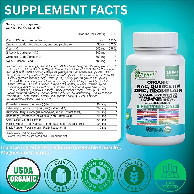 NAC-n-acetyl cysteine- Quercetin Zinc Bromelain Supplement | Extra Strength with Vit C, D3, Apple Cider Vinegar, Elderberry, Hawthorn Berry, Turmeric | Immune Support|120 Vegan Capsules | USDA Organic