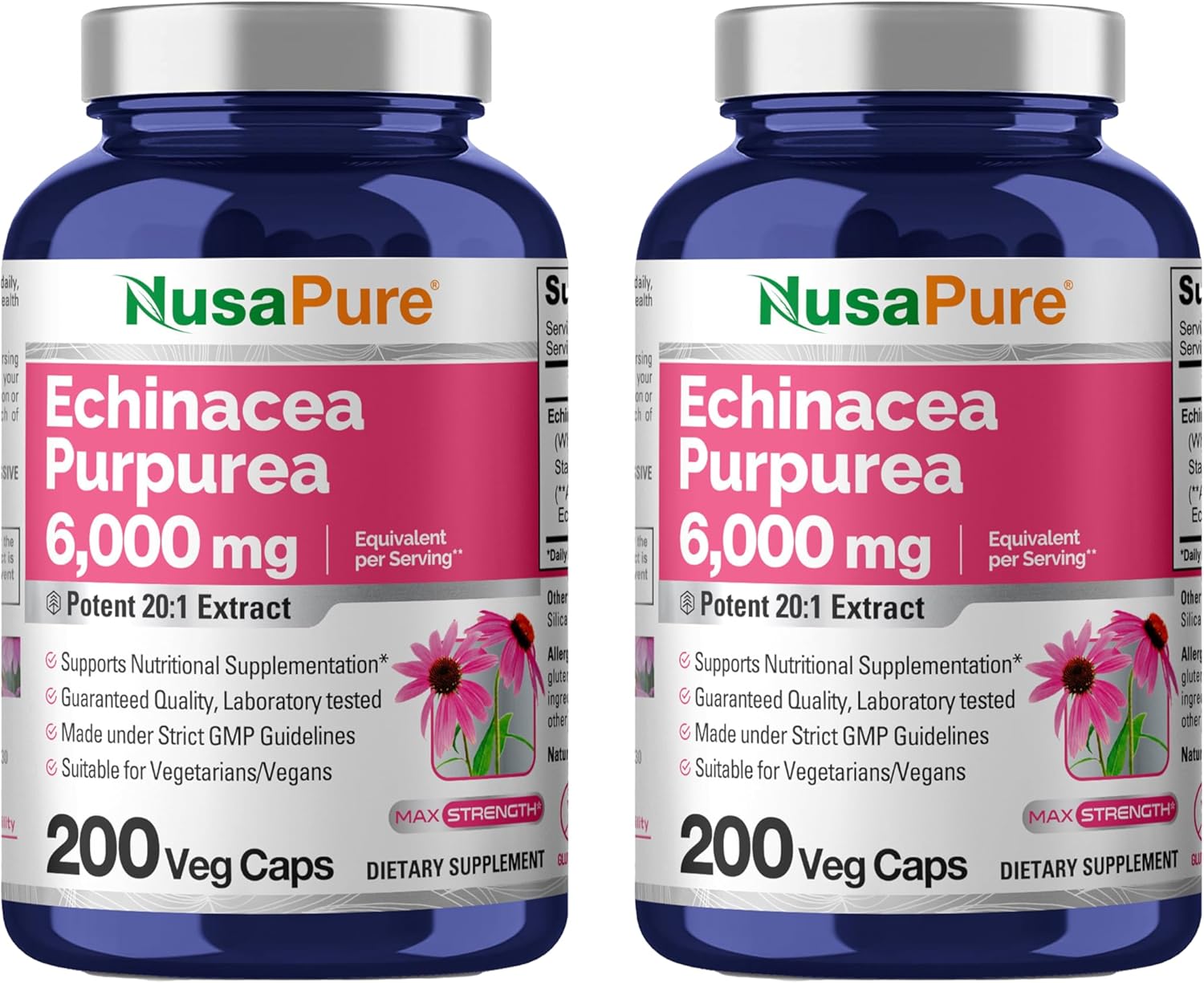 NusaPure Echinacea 20:1 Extract, 300 mg Equivalent to 6,000mg 200 Veggie Caps, Vegan, Non-GMO, Gluten Free Supplement (Pack of 2)