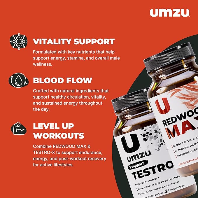 UMZU Redwood Max + Testro-X Bundle – Advanced Nitric Oxide Booster & Men’s Wellness Support – Circulation, Energy, Recovery, Focus & Daily Vitality – 60 + 90 Capsules (30-Day Supply)