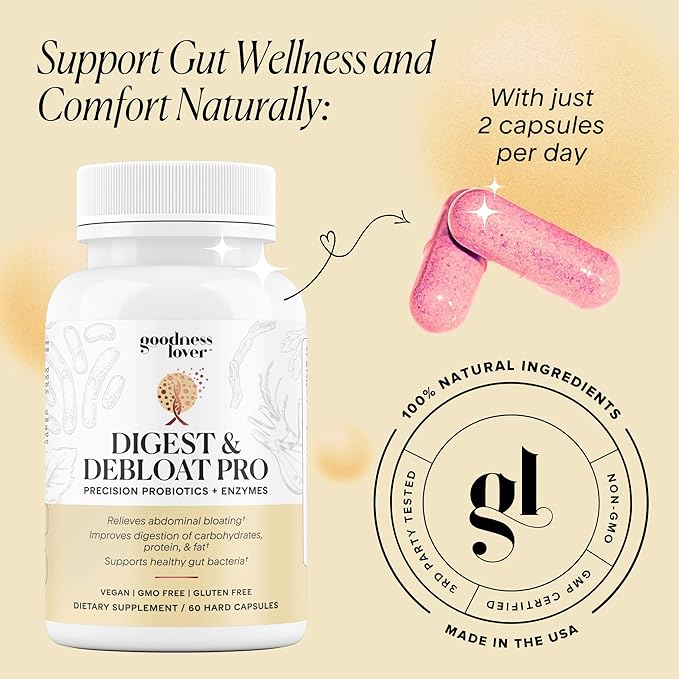 Goodness Lover Digest & Debloat Pro, Natural Digestive Enzymes Probiotics for Bloating Relief and Gas Relief, Probiotic Supplement for Women and Men, Vegan, Non-GMO, 90 Capsules