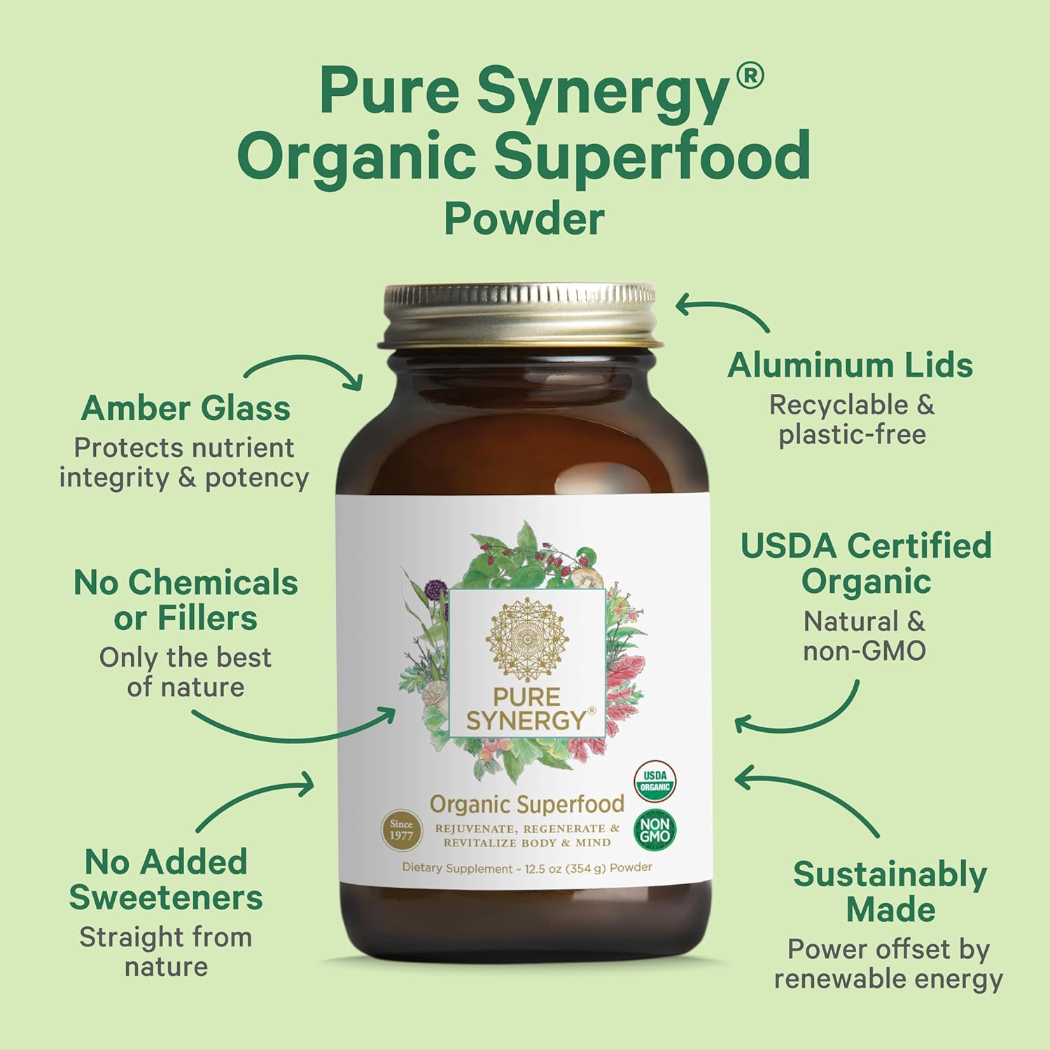 PURE SYNERGY Organic Superfood Powder | Green Superfood Powder | Whole Food Supplement with Organic Greens, Spirulina and Mushrooms | for Energy, Healthy Aging, and Immune Health (12.5 oz)