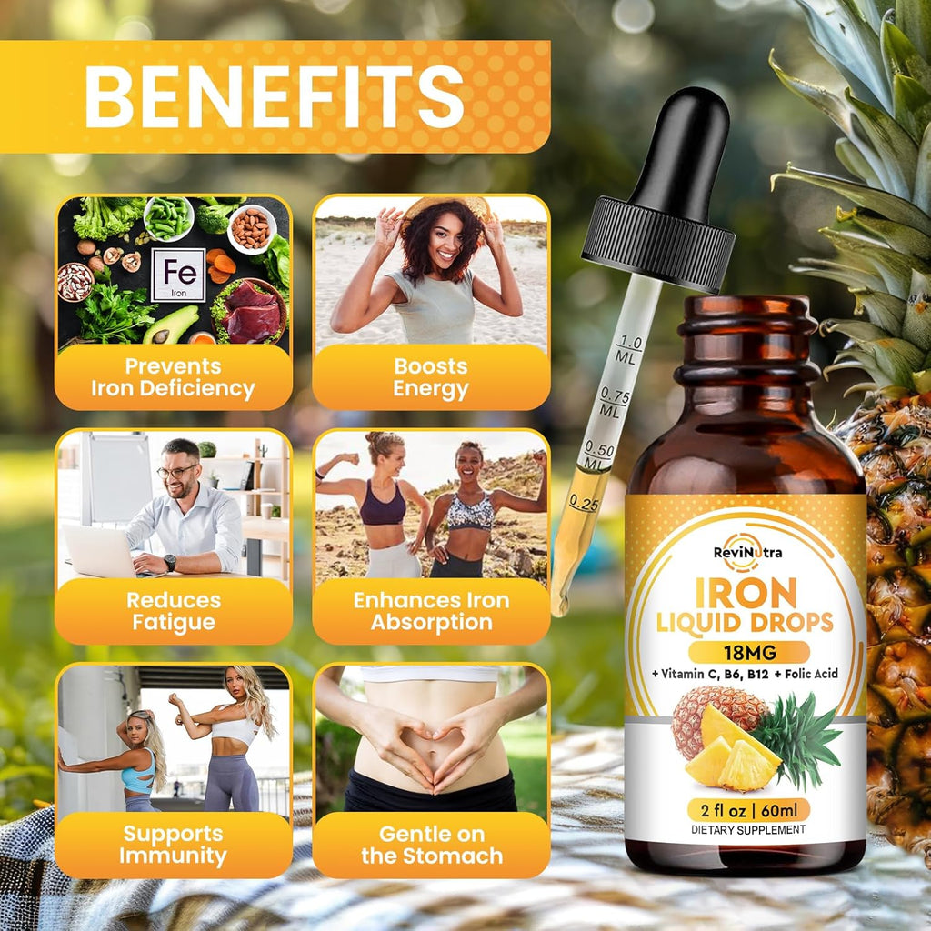 Liquid Iron Supplement for Women, Men & Kids, Liquid Iron Drops with Folate, Vitamin C, B6, B12 for Anemia, Red Blood Cell, Energy Support, Pineapple Flavor, 2 Fl Oz
