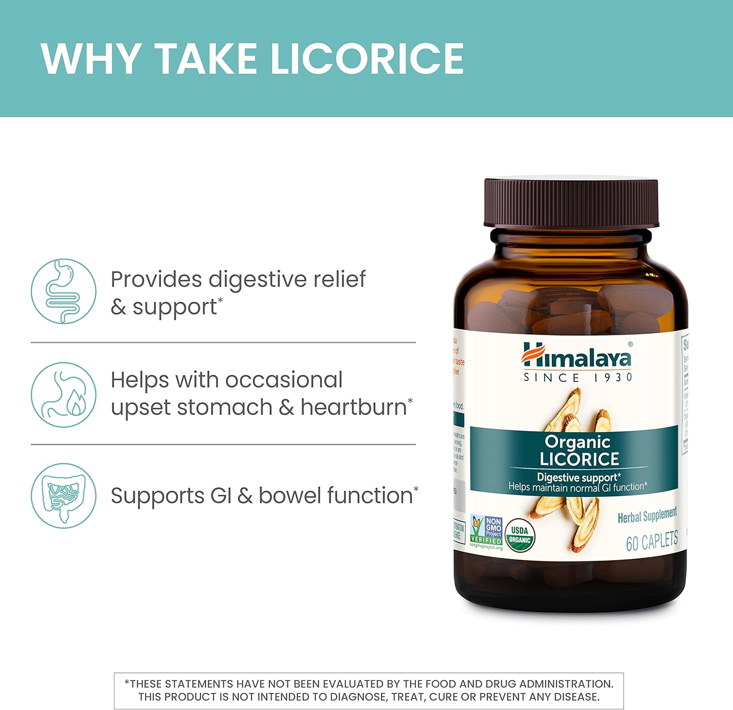 Himalaya Organic Licorice, 60 Day Supply - Digestive Health Supplement for Upset Stomach Relief and Occasional Bloating and Heartburn - USDA Organic, Vegan, Non-GMO, Non-DGL, Gluten Free, 60 Caplets