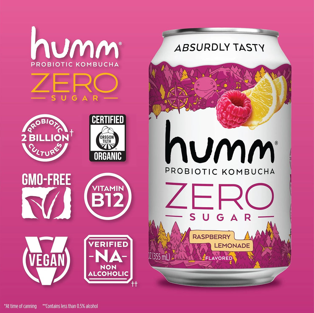 Humm Probiotic Kombucha Zero Sugar Raspberry Lemonade, No Refrigeration Needed, Keto Friendly, Organic, Vegan, Gluten Free, 12oz Cans (8 Pack)