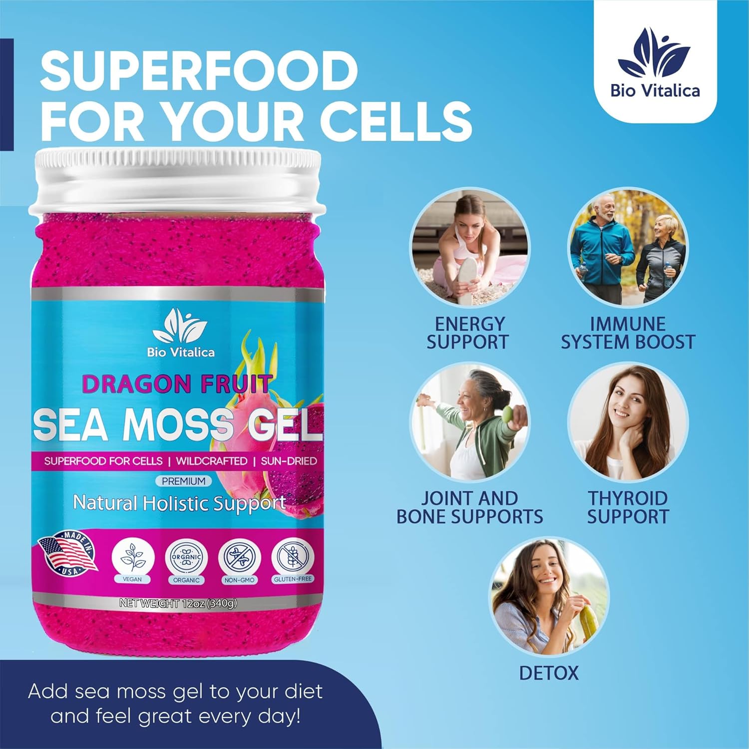 Sea Moss Gel by BioVitalica - Irish sea Moss raw Organic - Premium Quality - Dr Sebi, Vegan superfood for Cells - 100% Natural Seamoss Gel (Pack of 3, Dragon)