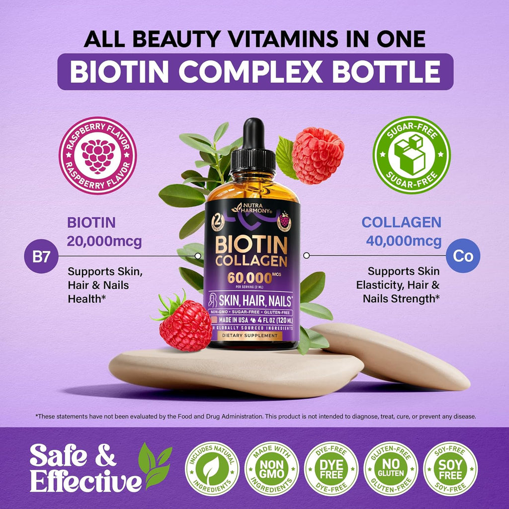 Liquid Biotin & Collagen - Vitamins for Hair Growth Support for Women & Men - Extra Strength 60000 mcg Drops - B7 Supplement - Strong Nails & Healthy Skin - 98% Faster Absorption Than Pills