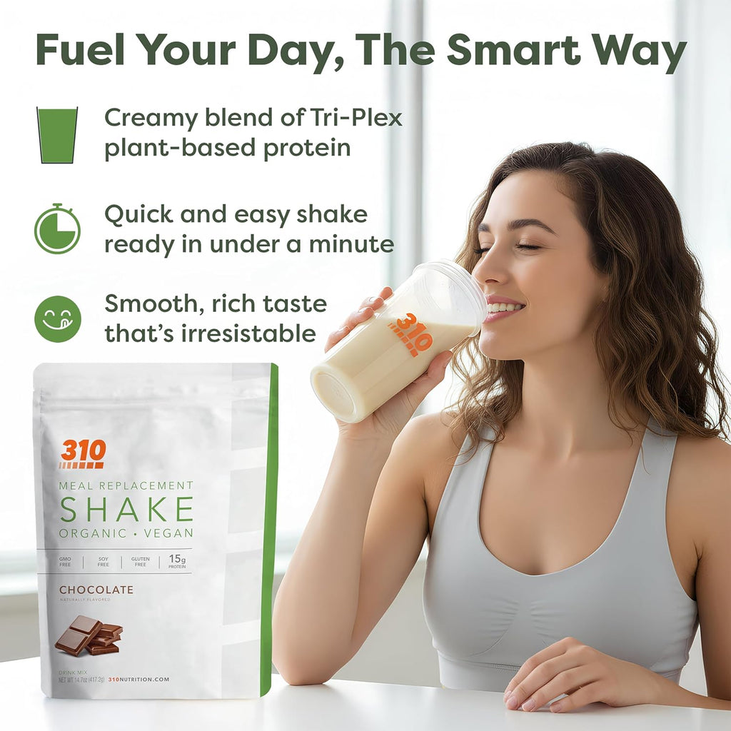 310 Nutrition Organic All-In-One Meal Replacement Shake Powder - Plant-Based Protein Smoothie Blend w/Fiber, Probiotics & Adaptogens - Low Carb, Vegan, Keto & Paleo - Chocolate - 14 Servings
