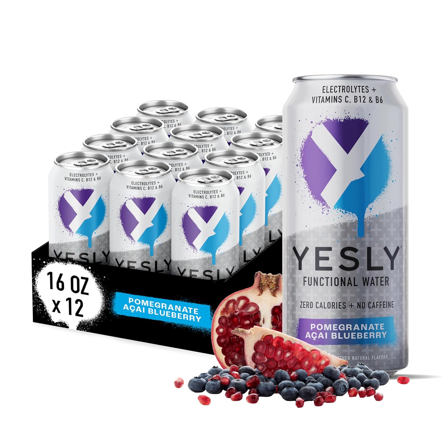 Yesly Functional Water, Pomegranate Acai Blueberry, Naturally Flavored Still Water with Electrolytes, Magnesium, Potassium, Vitamin C, B6 & B12, Zero Sugar, No Artificial Sweeteners, 16 Fl Oz Cans, 12 Pack