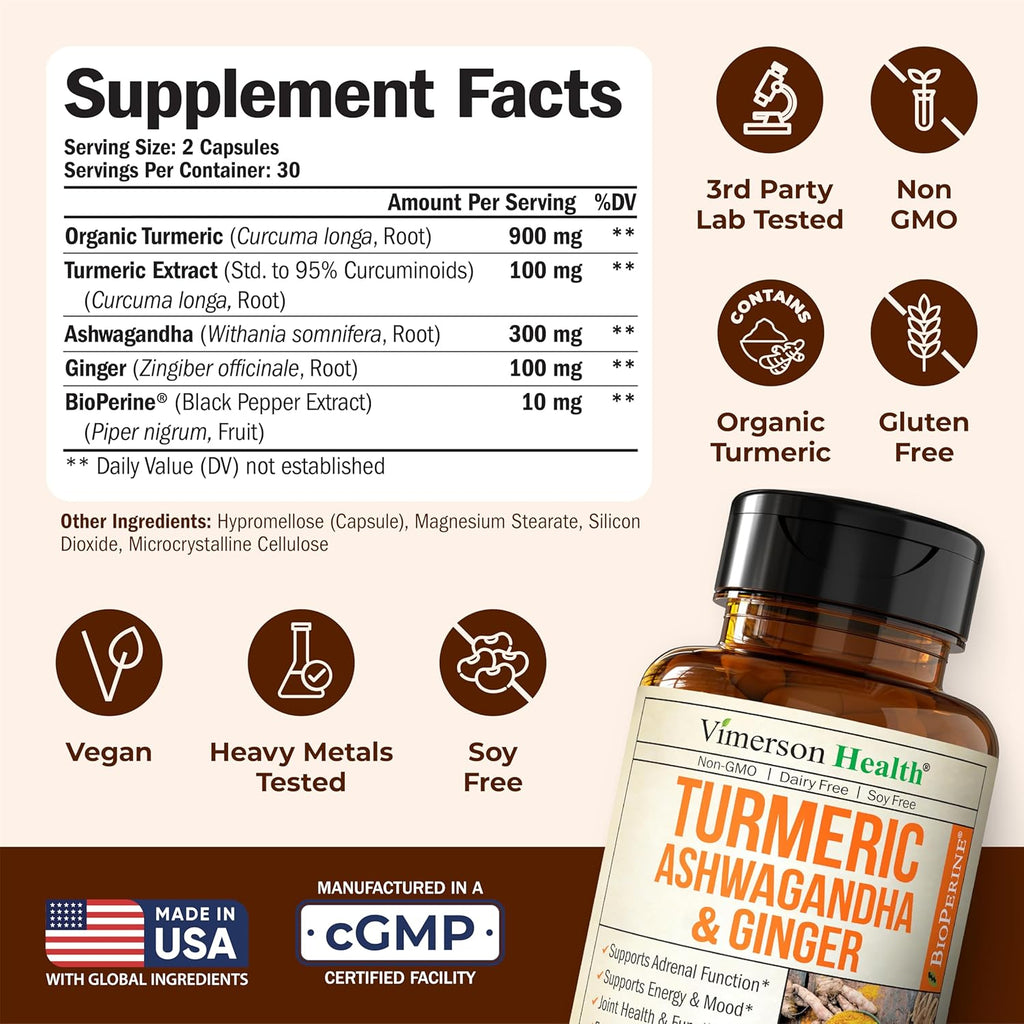 Ashwagandha Turmeric Curcumin Supplement with Ginger - Organic Turmeric Supplement, Curcumin with Black Pepper (95% Curcuminoids), Ginger Root for Joint Health, Energy & Immune Support. 60 Capsules