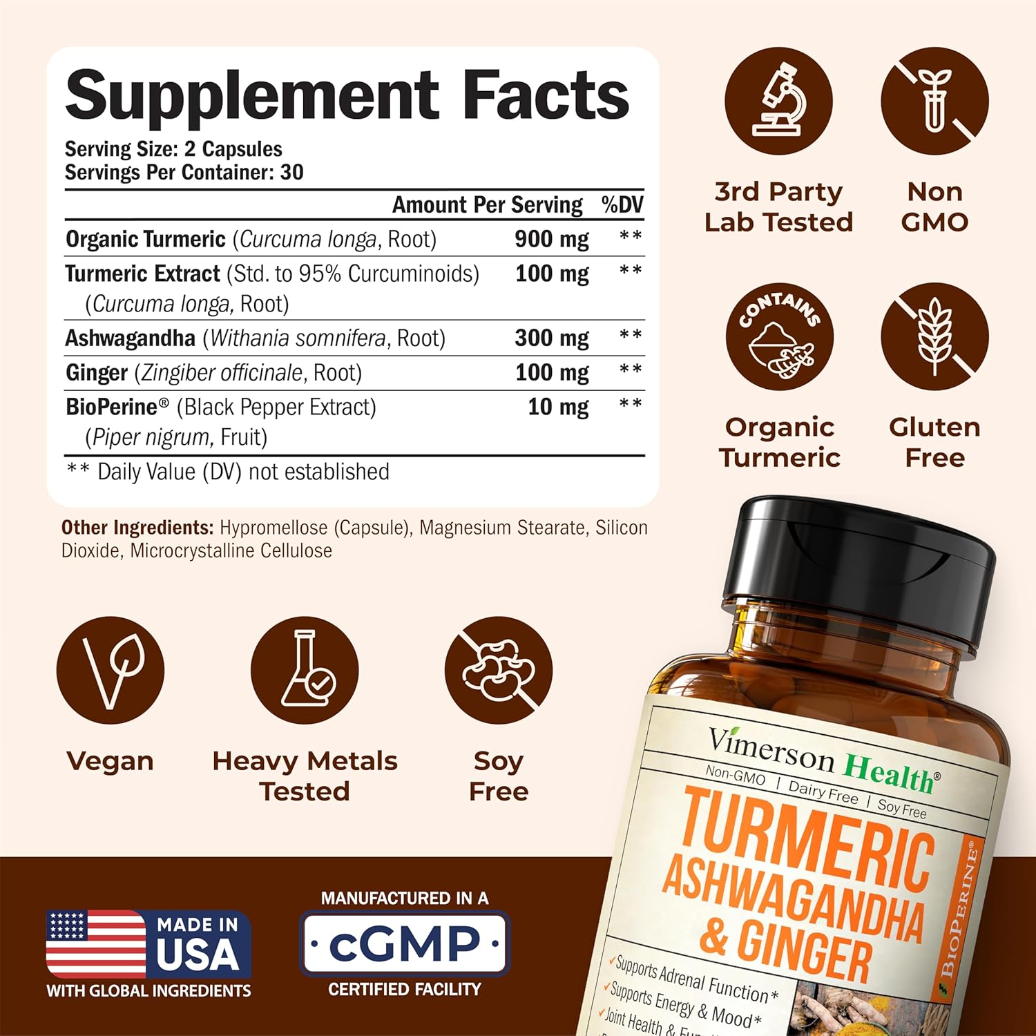 Ashwagandha Turmeric Curcumin Supplement with Ginger - Organic Turmeric Supplement, Curcumin with Black Pepper (95% Curcuminoids), Ginger Root for Joint Health, Energy & Immune Support. 60 Capsules