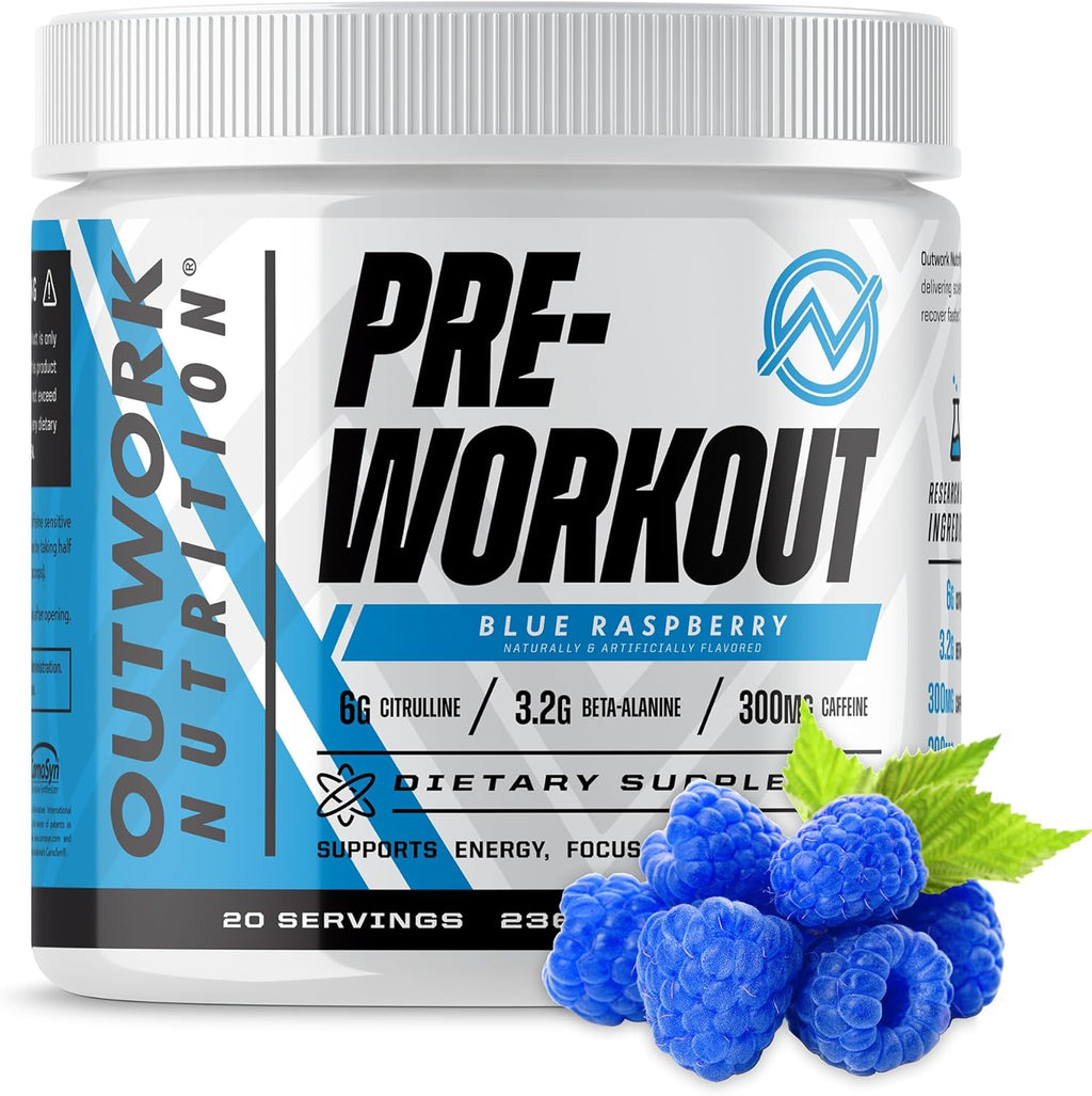 Outwork Nutrition Pre Workout Powder for Men & Women - Pre-Workout Supplements Without Creatine, Nootropic Preworkout with Citrulline Malate Beta Alanine Taurine Rhodiola Caffeine (Blue Raspberry)