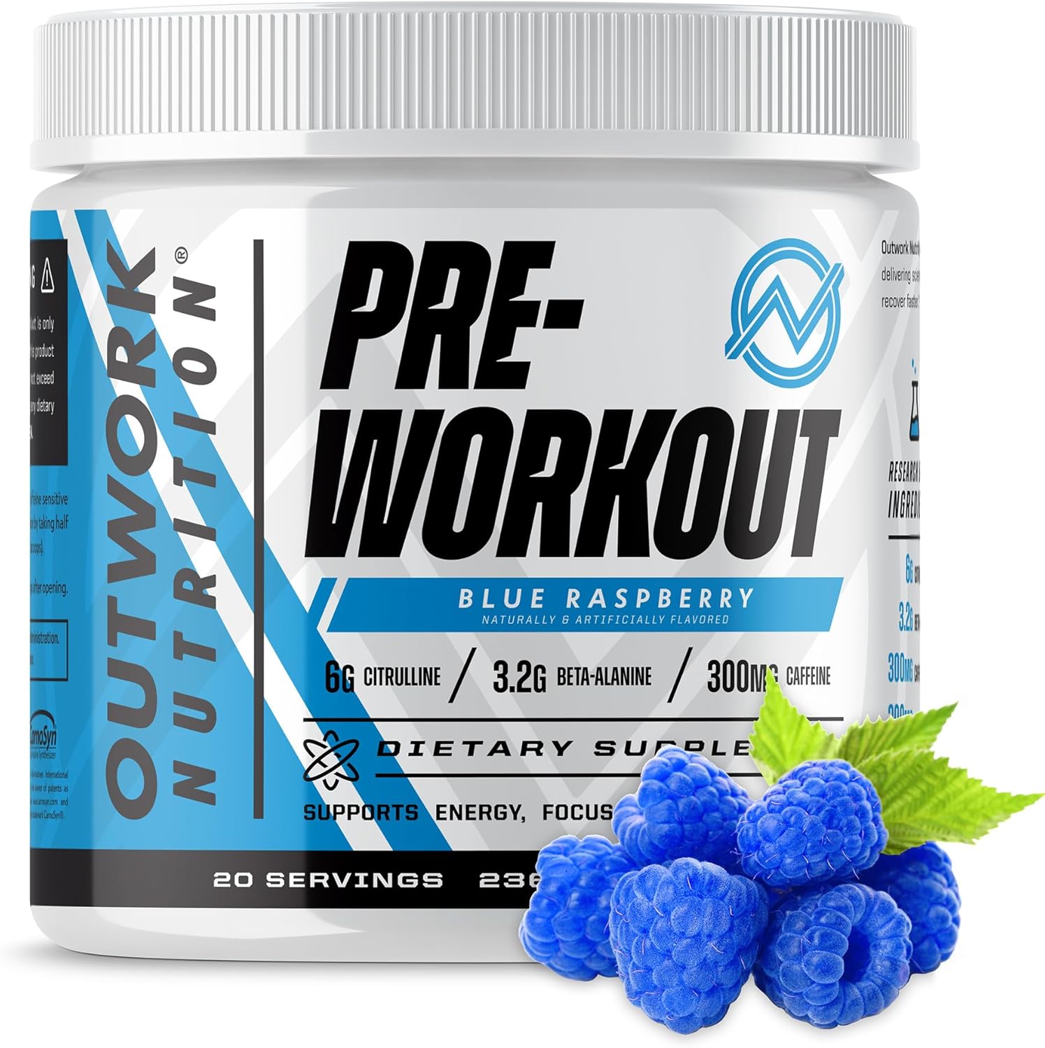 Outwork Nutrition Pre Workout Powder for Men & Women - Pre-Workout Supplements Without Creatine, Nootropic Preworkout with Citrulline Malate Beta Alanine Taurine Rhodiola Caffeine (Blue Raspberry)