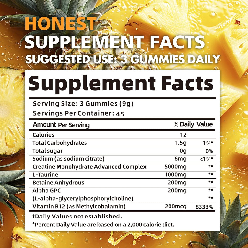 Creatine Monohydrate Gummies for Men & Women - 5g of Creatine Monohydrate per Serving - Sugar Free,Vegan, Pineapple Flavor, 135 Count (45 Servings)..
