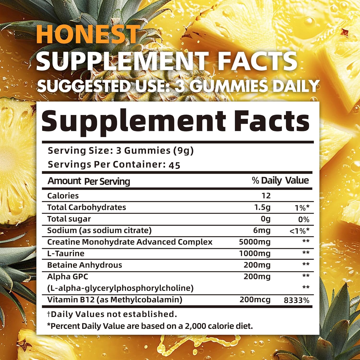 Creatine Monohydrate Gummies for Men & Women - 5g of Creatine Monohydrate per Serving - Sugar Free,Vegan, Pineapple Flavor, 135 Count (45 Servings)..