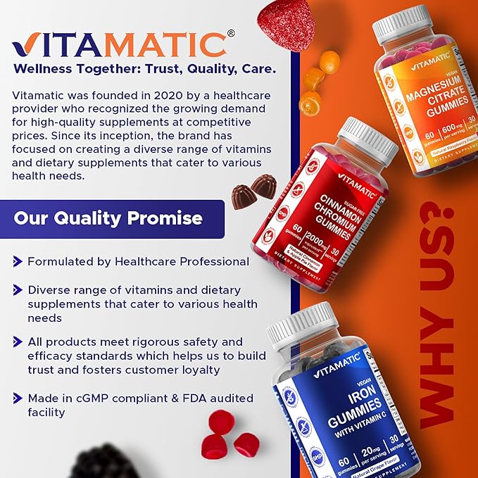 Vitamatic Chromium Picolinate 1000 mcg - 90 Gummies - High Potency Chromium - Raspberry Flavor