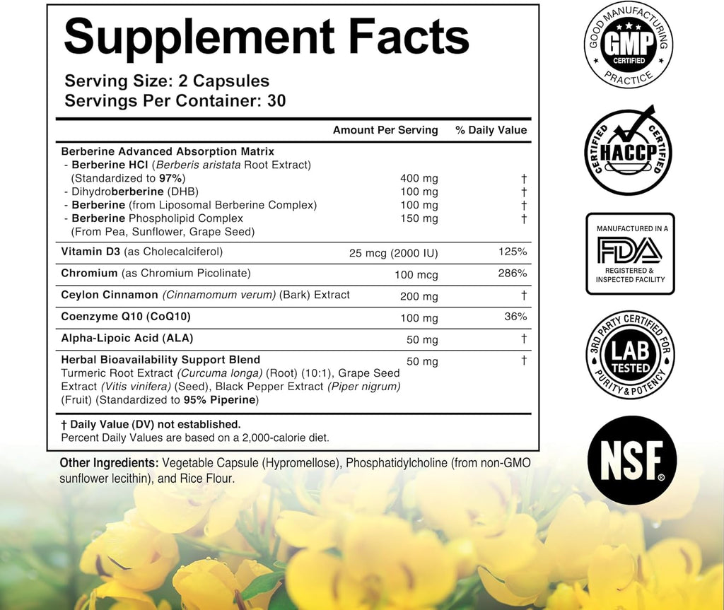 Liposomal Berberine Supplement – 3X Strength Berberine Matrix with DHB, Phospholipids, CoQ10, ALA, Vitamin D3, Chromium, Cinnamon – Advanced GLP-1 & Metabolic Support – 60 Count