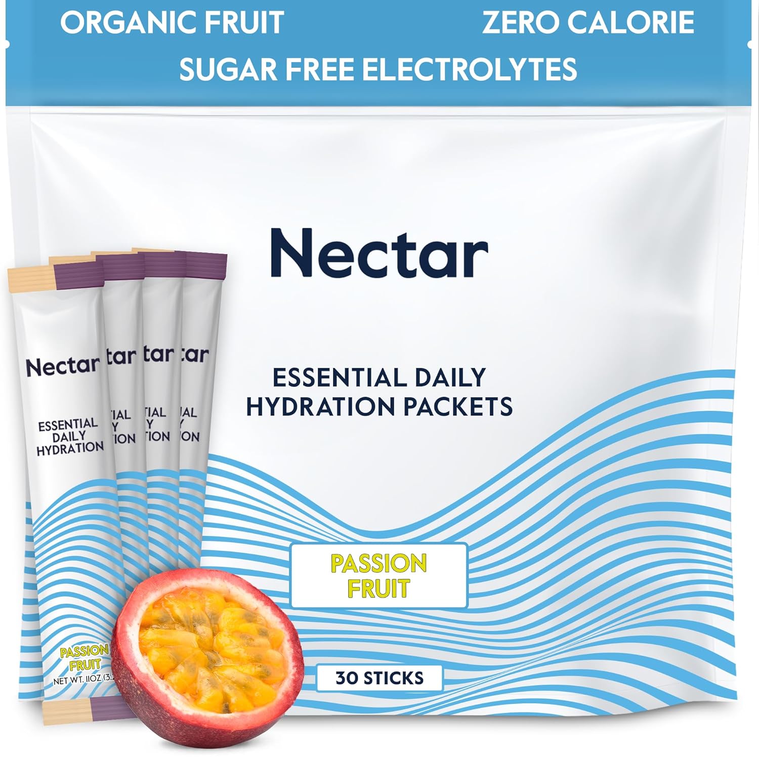 Nectar Hydration Packets - Electrolytes Powder Packets - Sugar Free & 0 Calorie - Organic Fruit Liquid Daily IV Hydrate for Dehydration Relief & Rapid Rehydration (Passion Fruit 30 Pack)