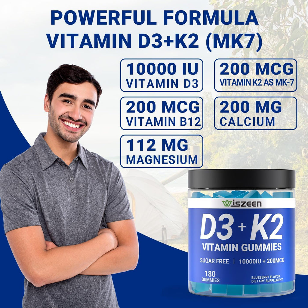 Sugar-Free Vitamin D3 K2 Gummies, Vitamin D3 10000iu & Vitamin K2(MK7) 200mcg with Calcium, Magnesium, Vitamin B12 for Bone Muscle Teeth Immune, Vegan