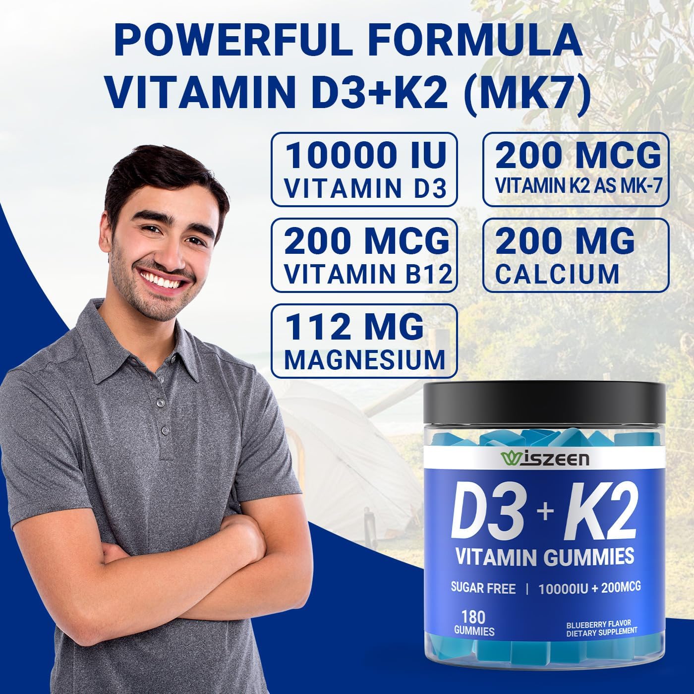Sugar-Free Vitamin D3 K2 Gummies, Vitamin D3 10000iu & Vitamin K2(MK7) 200mcg with Calcium, Magnesium, Vitamin B12 for Bone Muscle Teeth Immune, Vegan