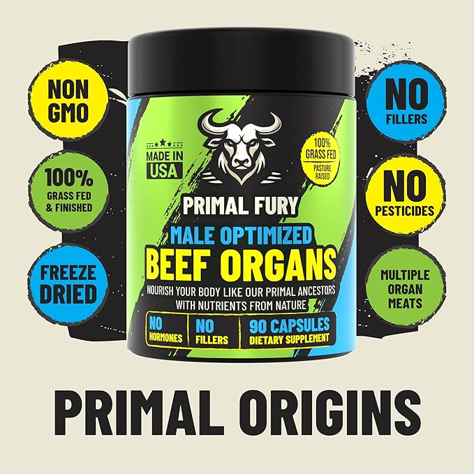 Grass Fed Beef Organ Supplement for Men - Male Optimization Pills - 6 Vital Beef Organs to Drive Prostate Health & Peak Performance, Made in USA, 90 Capsules