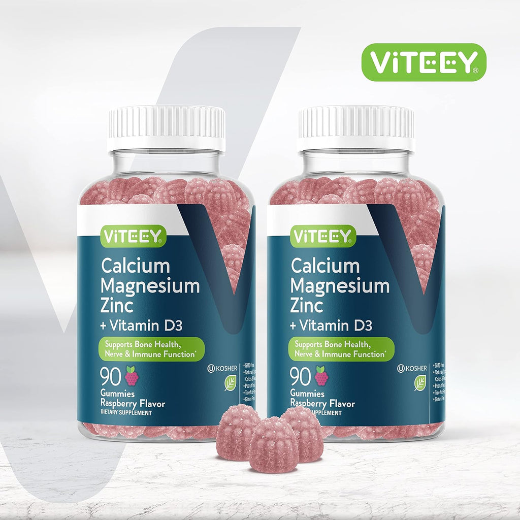 Viteey Calcium Magnesium Zinc Gummies with Vitamin D3 - Supports Bone Health, Nerve & Immune Function - Calcium Magnesium Zinc D3 for Adults & Teens - GMO Free - Chewable Raspberry Flavored Gummy