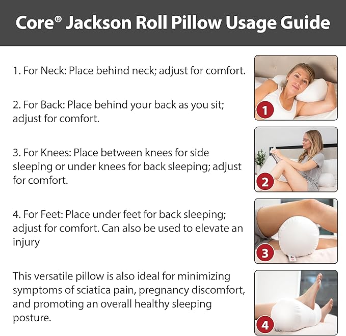 Core Products Jackson Roll Orthopedic Bolster Pillow - Neck, Back, Leg, Knee & Arm Support – Cervical & Lumbar Roll for Pain Relief, Spinal Alignment & Travel Comfort for Bed or Chair