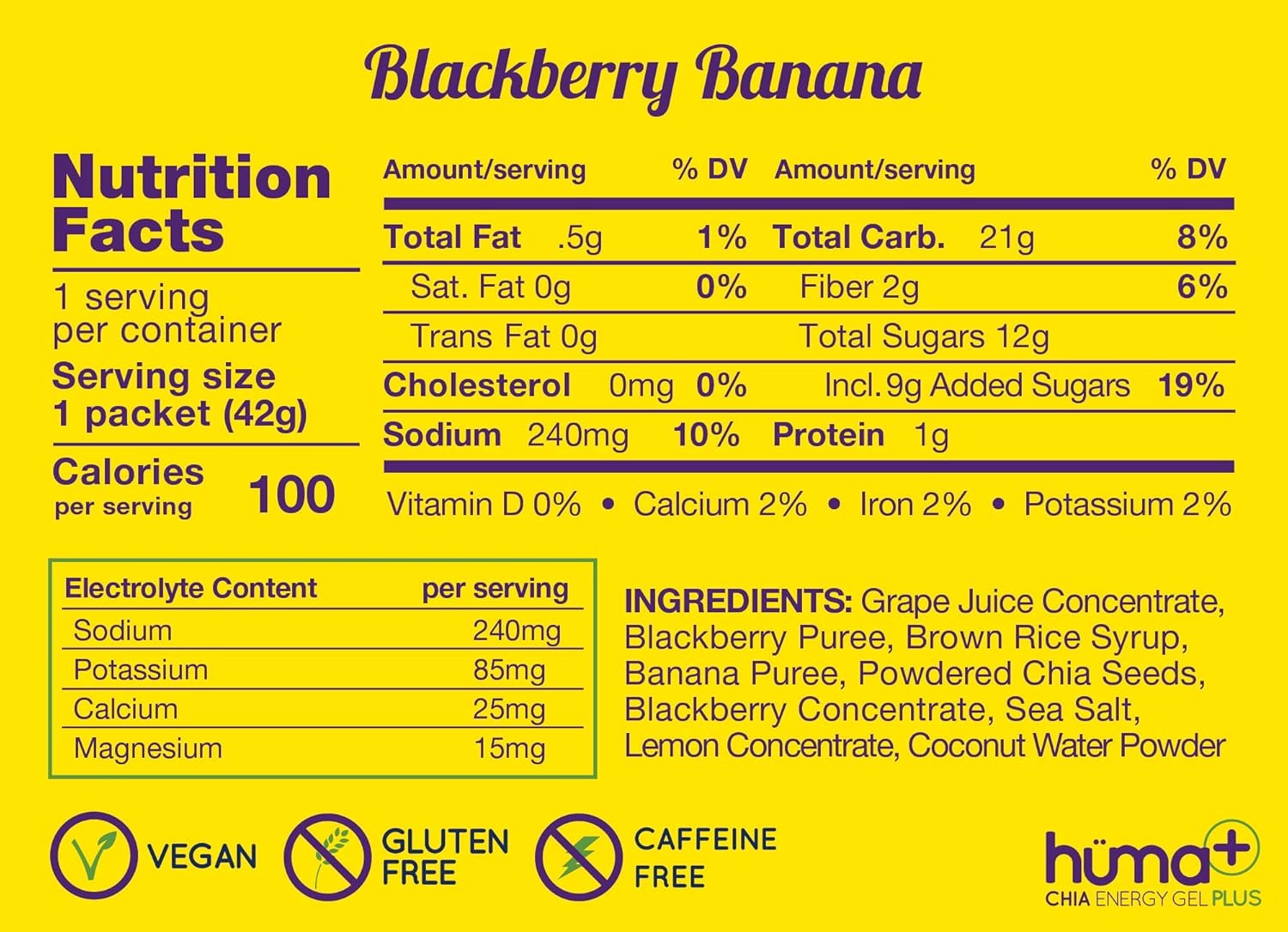 Huma Plus (Double Electrolytes) - Chia Energy Gel, BlackBerry Banana, 24 Gels - Stomach Friendly, Real Food Energy Gels