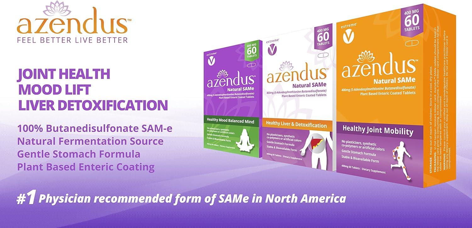 Azendus Mood 200mg of S-Adendosylmethionine Butanedisulfonate (Same) (2 Boxes - 120 Enteric Coated Tablets) Vegan, Gluten Free, Soy Free