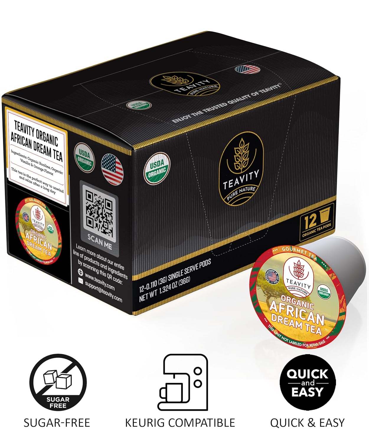 Organic Rooibos Tea Pods with Vanilla & Orange - Naturally Decaf Tea - African Dream by Teavity (36 Tea Pods)