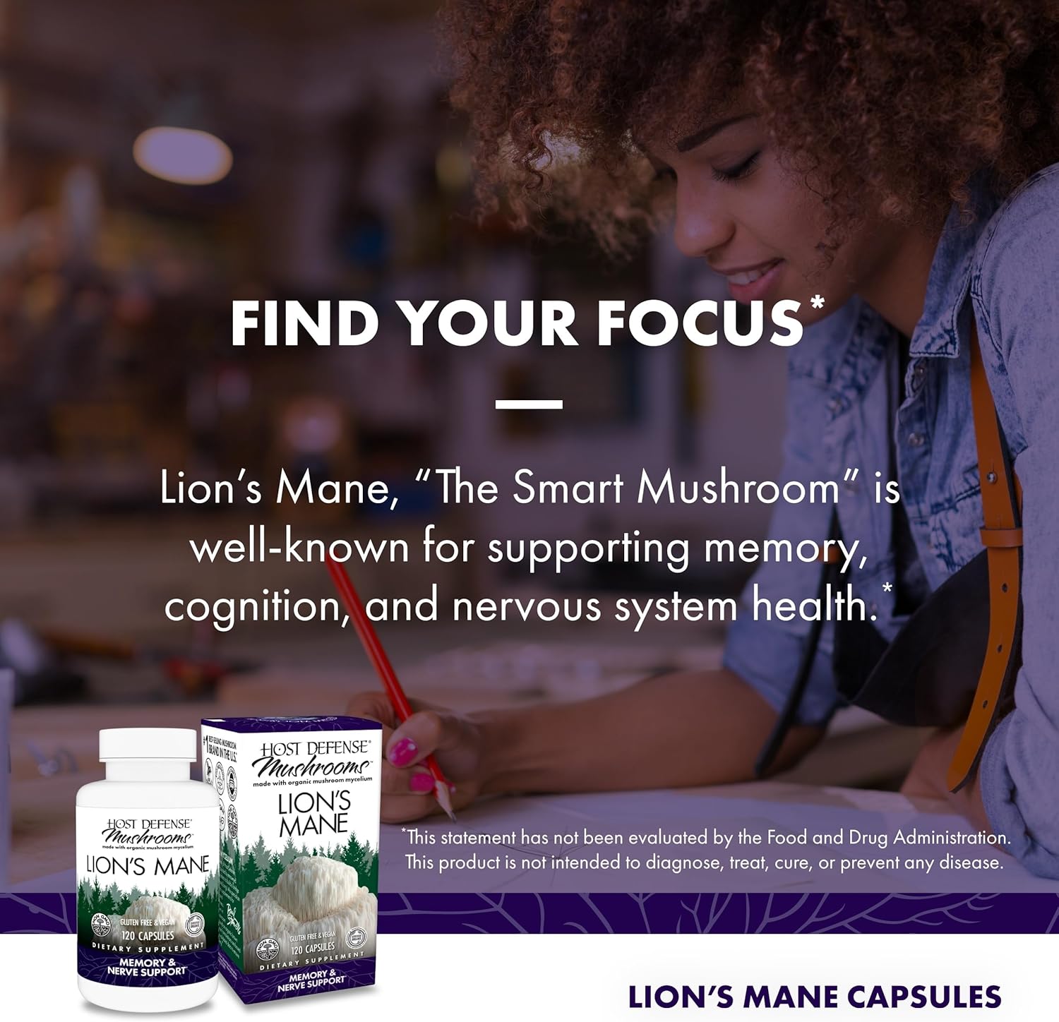 Host Defense Mushrooms Lion's Mane - Supplement Capsules for Brain Health Support - Mushroom Support for Focus & Memory Function - Immune & Nervous System Supplement - 120 Capsules (60 Servings)*