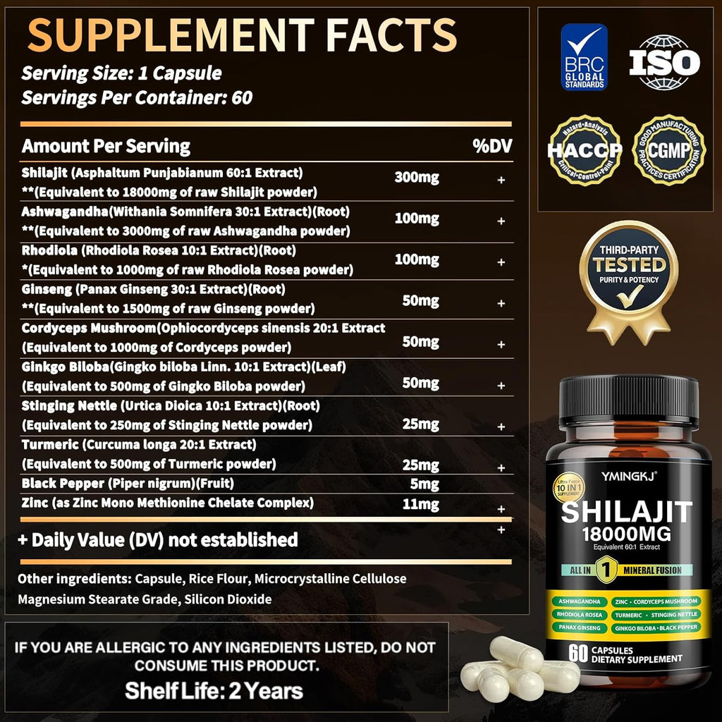 Shilajit Capsules 18000mg (60 Capsules) 10 in 1 - Shilajit Extract with Ashwagandha, Rhodiola Rosea, Panax Ginseng, Cordyceps, Turmeric, Ginkgo, Fulvic Acid Trace Minerals Supplement, Gluten Free