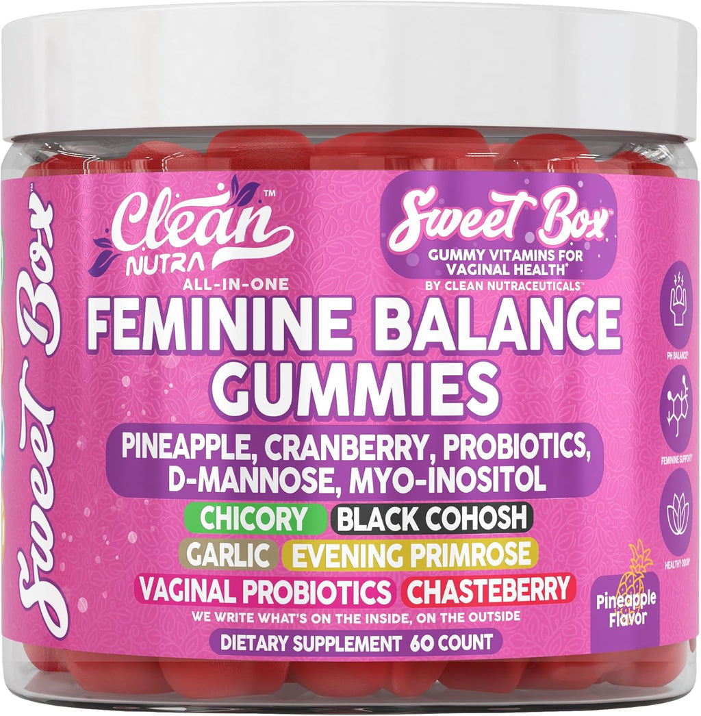 Clean Nutra Feminine Balance Gummies for Women Pineapple VaginalProbiotics pH Balance Cranberry D Mannose Supplement Inositol Black Cohosh Evening Primrose Garlic Vitex GLA Prebiotics Folate 60ct