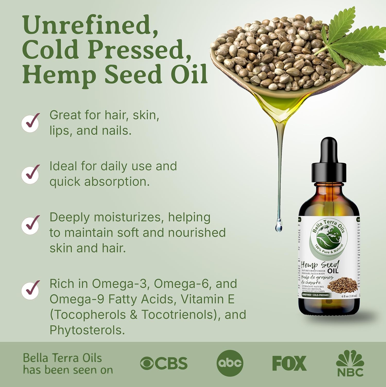 Bella Terra Oils - Hemp Seed Oil 4 oz - Cold-Pressed & Nutrient-Rich, Infused with Phytosterols, Potassium & Calcium for Skin & Hair Care
