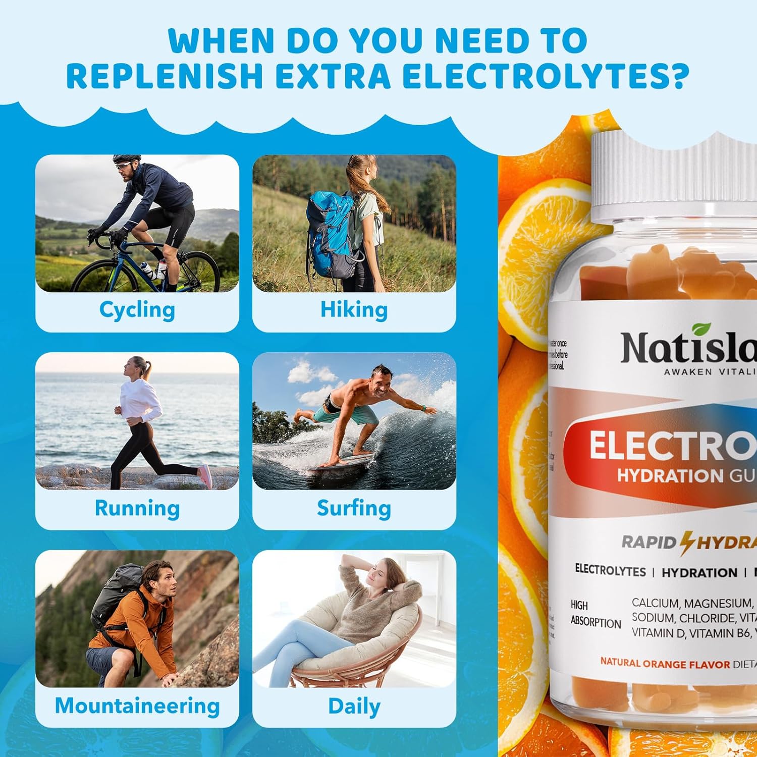 Electrolyte Gummies for Hydration, Electrolyte Chewables for Kids & Adults, with Potassium, Magnesium, Calcium, Sodium, Chloride for Runners and Endurance Sports, Orange Flavor, Vegan, 60 Chews