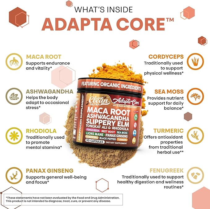 Clean Nutra Organic Maca Root Capsules for Women + Ashwagandha Slippery Elm Tongkat Ali Rhodiola Rosea Fenugreek Beet Root Sea Moss Ginseng Black Yellow Red Maca Powder Supplement 90 Pills