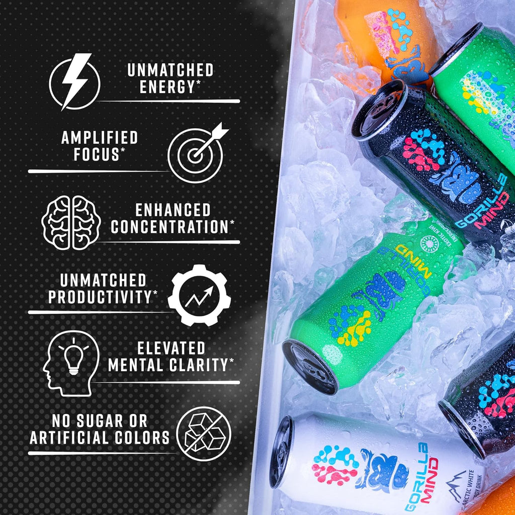 Gorilla Mind Energy Drink | Unmatched Energy · Amplified Focus | N-Acetyl-L-Tyrosine, Alpha-GPC, 200mg Caffeine, Uridine, Saffron | 0 Sugar Or Artificial Colors | 16oz, 12-Pack (White Frost)