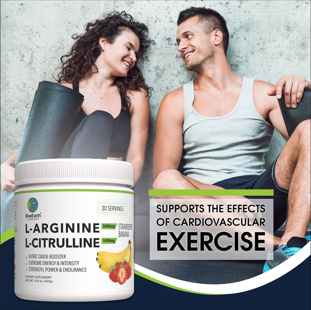 L-Arginine 5000mg + L-Citrulline Complex Powder Supplement Drink Mix - Nitric Oxide Booster for Heart Health, Blood Flow & Energy - 30 Servings (Strawberry Banana)