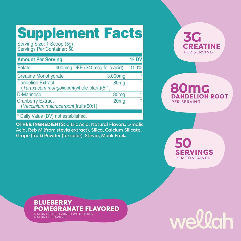 Wellah Creatine for Women - Creatine Monohydrate with Dandelion & Cranberry Extract (50 Servings, Blueberry Pomegranate)
