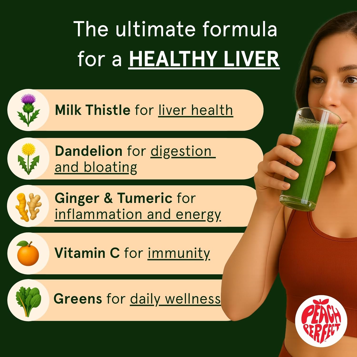 Peach Perfect Liver Hero – Premium Liver Detox and Bloat Support Powder for Women | Milk Thistle, Dandelion, Turmeric, Ginger, Chlorophyll and Vitamin C | Daily Energy, Digestion and Skin Clarity | Juicy Orange Flavor – 30 Servings