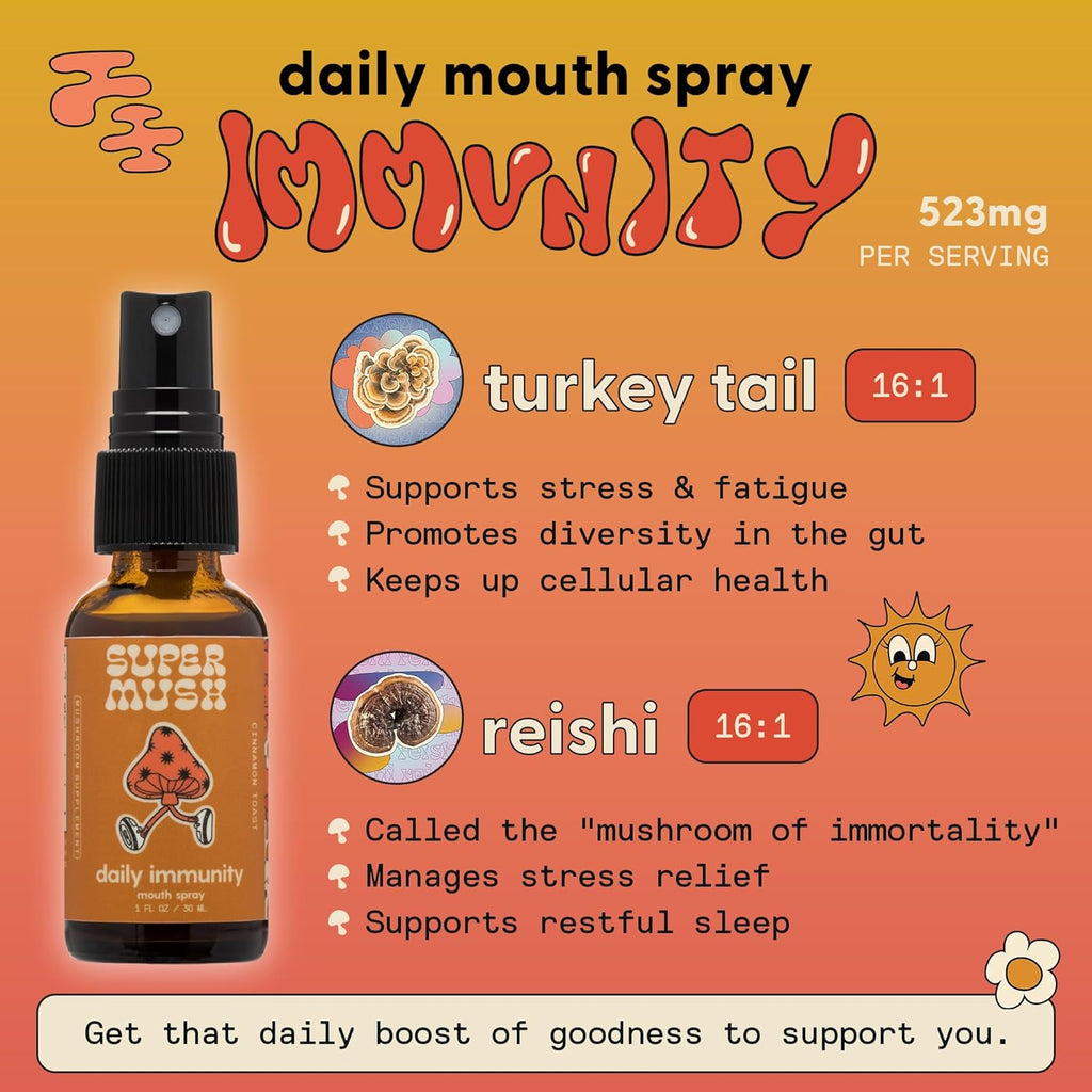 Daily Immunity Mouth Spray Organic - Mushroom Immunity Spray Supplements - Turkey Tail & Reishi Mixed Mushrooms Extract - Immune & Digestive Health Support - 30ml Pure & Organic Turkey Tail